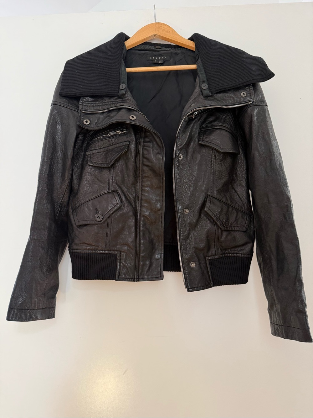 Theory Black Lamb Leather Bomber Jacket